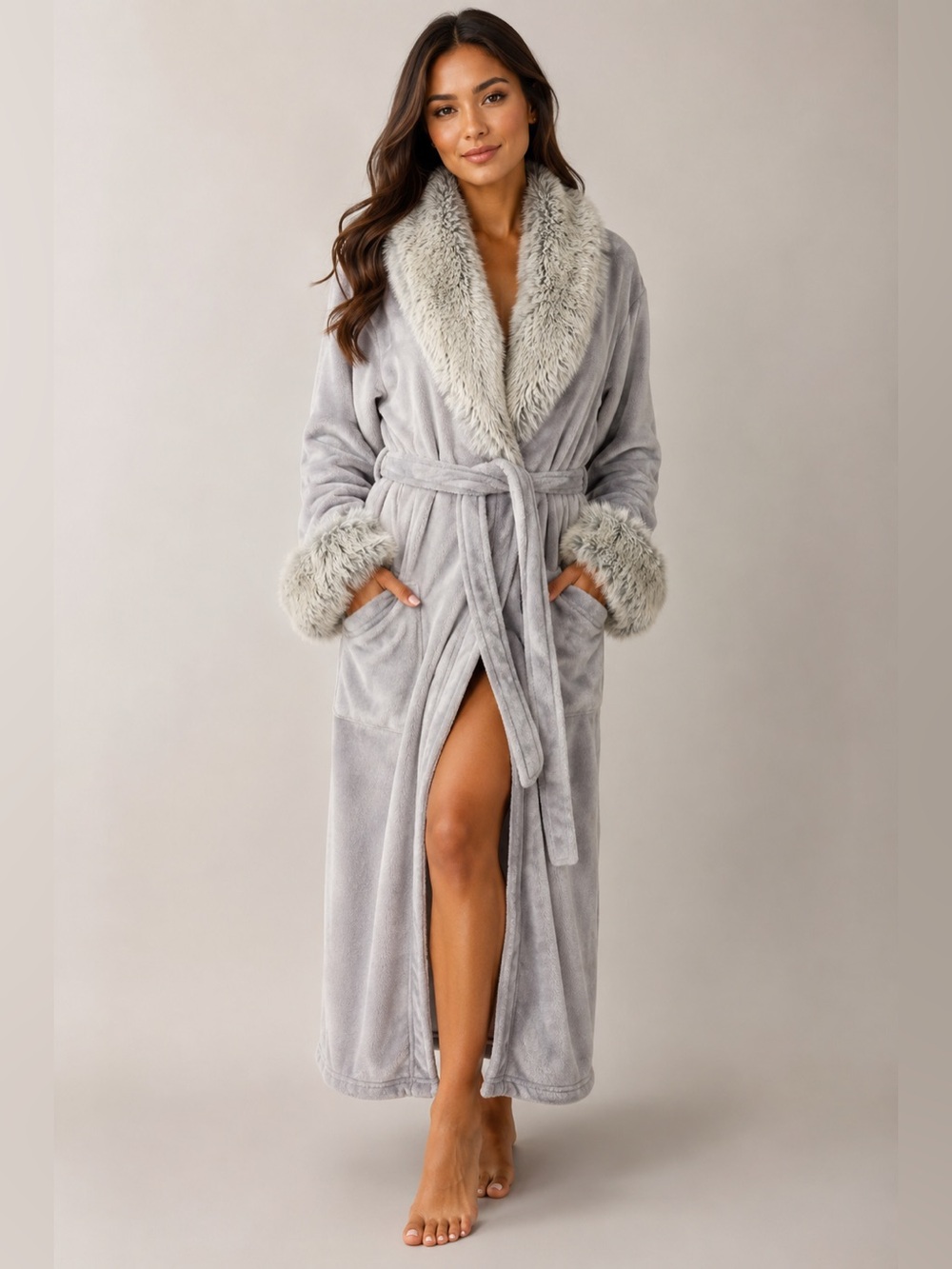 Jasmine Rose Gray Plush Faux Fur Trim Long Hoodless Robe Spa Bathrobe L/XL Cozy